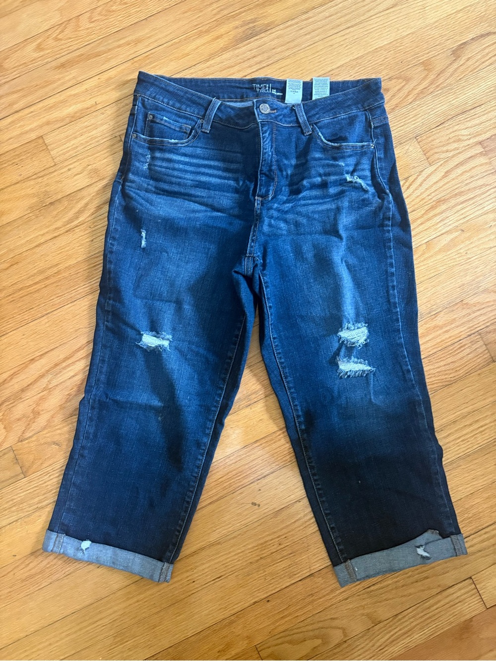 Distressed Dark Capri Jeans - Rolled Hem